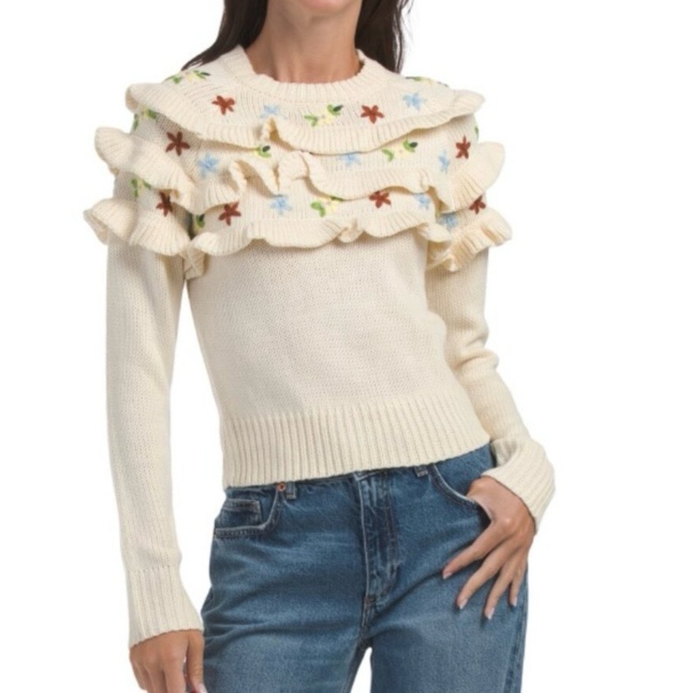 NEW Free the Roses Cream and Red Ruffled Crew Neck Sweater
